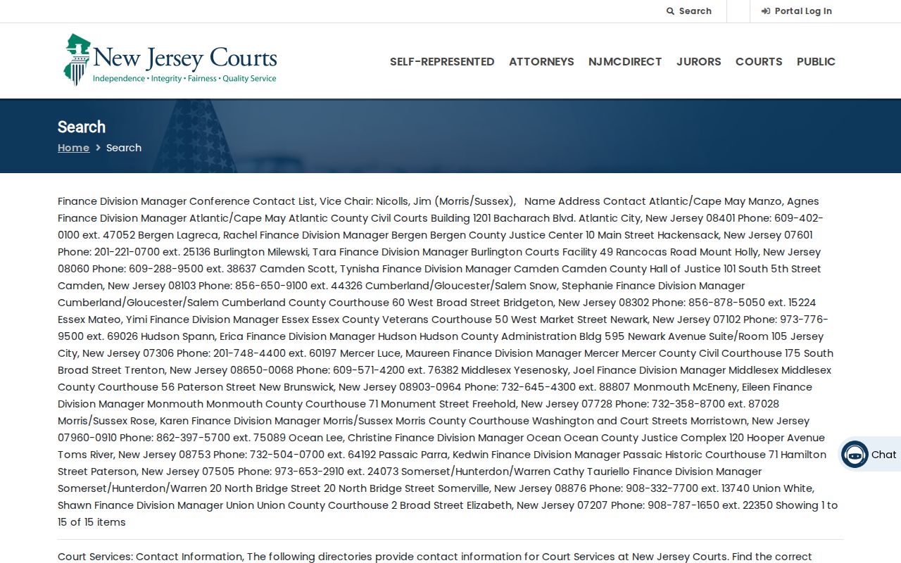 Ocean County resident lookup view of the New Jersey Courts Find a Case options
