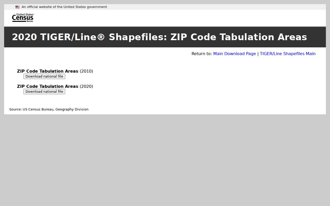 Ocean County ZIP code directory Census ZCTA download page